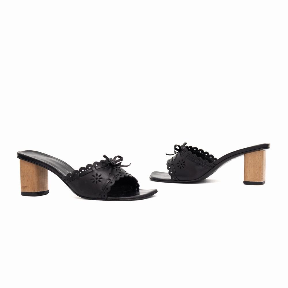 Dolce & Gabbana Black Leather Floral Eyelet Block Heel Bow Mules Sandals 37 US7